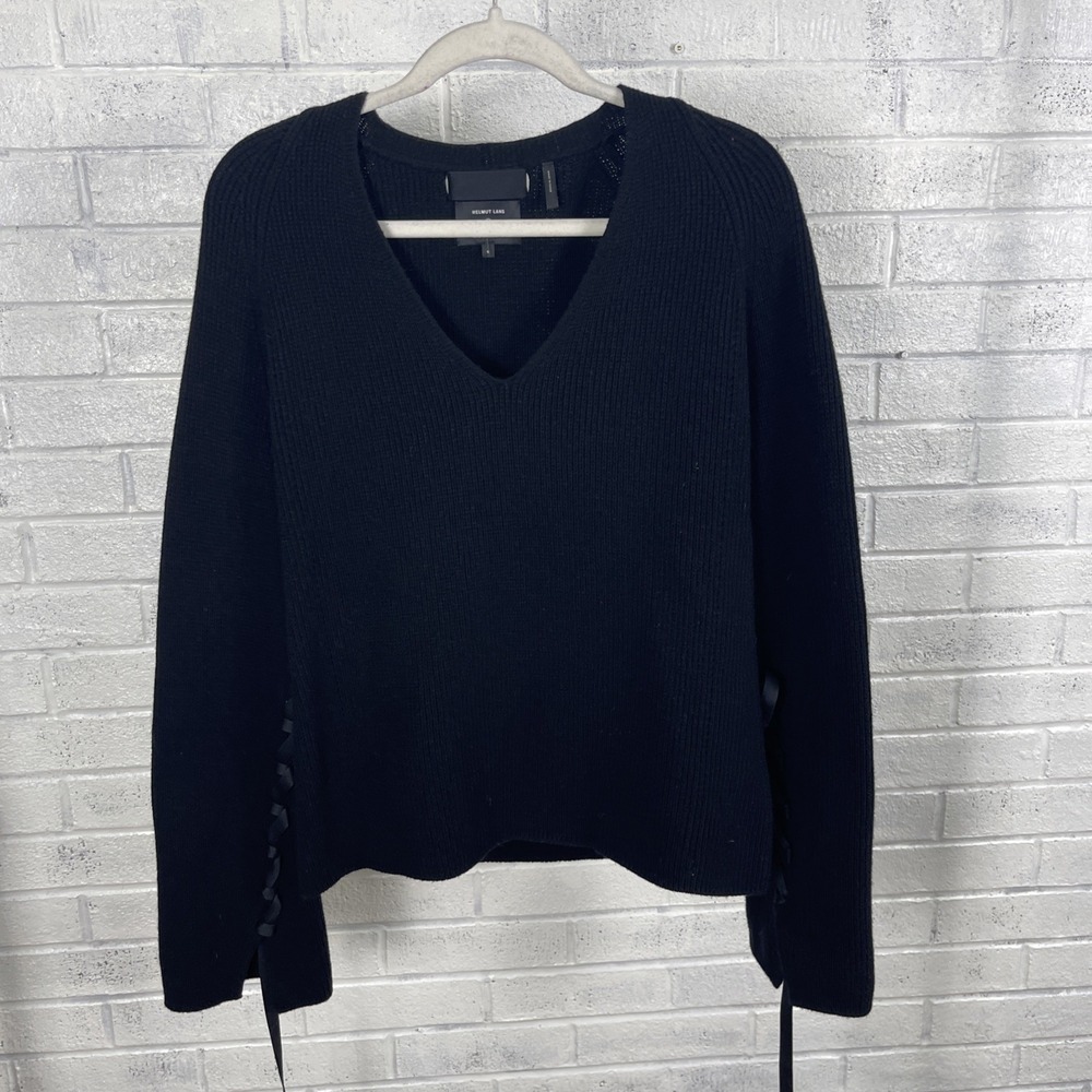 Helmut Lang Cashmere Blend Ribbed Sweater Womens S Black Ribbon Lace Sleeves